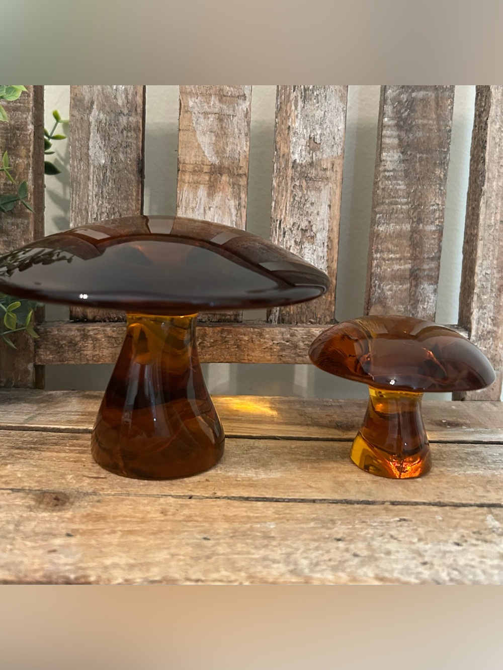 Vintage Rare MCM Amber Viking Glass Mushroom Set of 2